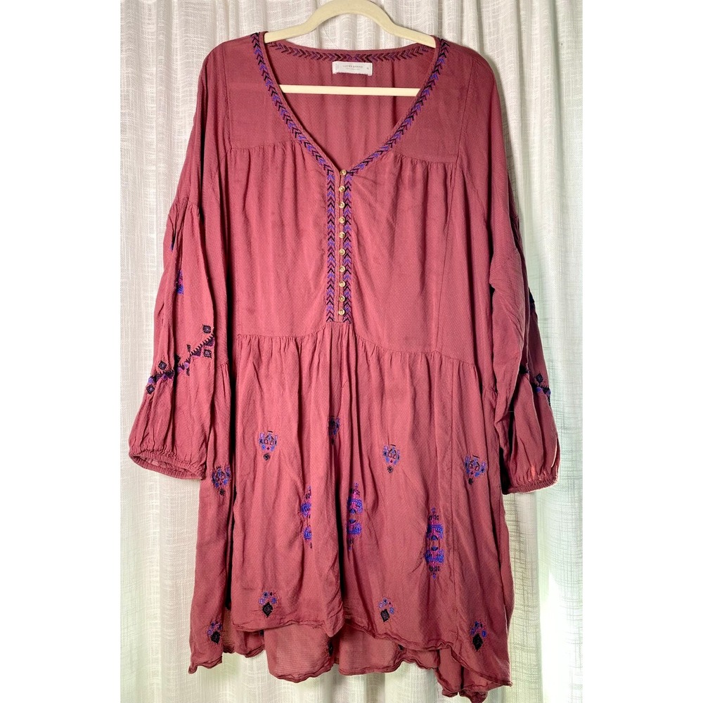 Lucky Brand Mauve Pink Embroidered Boho Midi Dress Long Sleeve, Summer | XL
